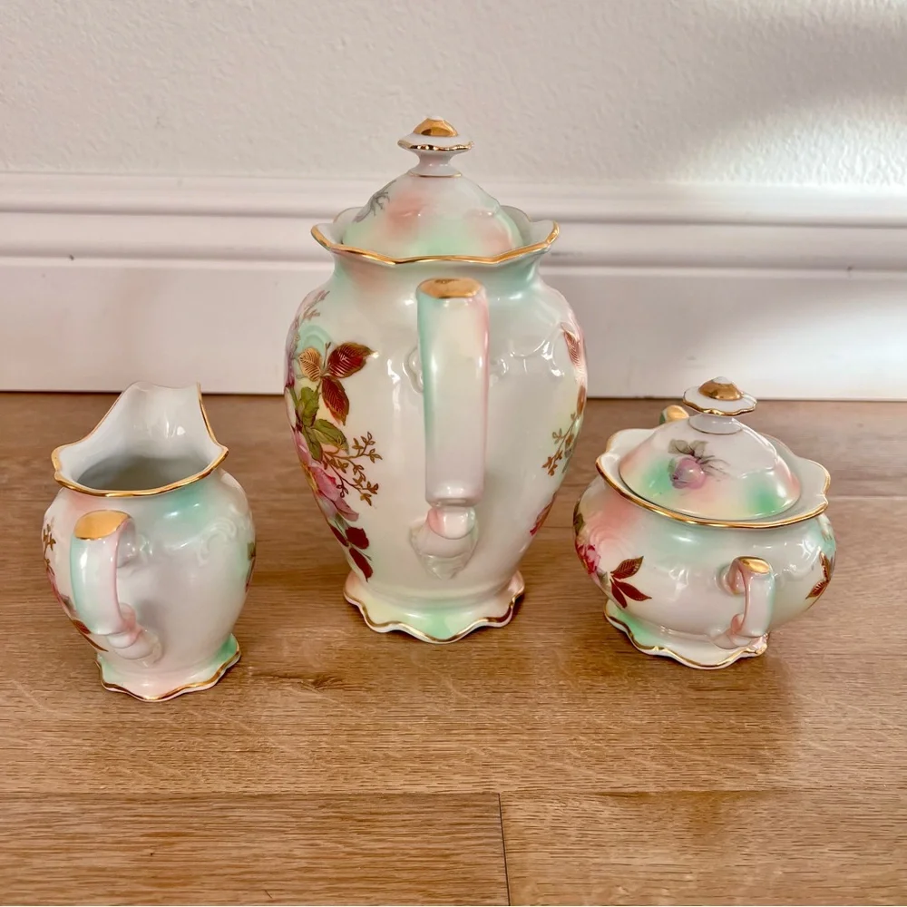 Vtg 1945’s Schumann Bavaria Wild Rose Blush Coffee Pot, Creamer, Sugar Bowl Set - Picture 4 of 9